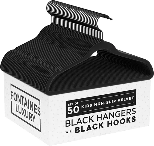 Fontaines Luxury Goods - Perchas de terciopelo negro para niños sin deslizamiento, 50 unidades - Ultra delgadas y que ahorran espacio - Gancho