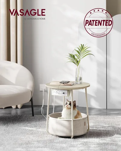 Miniatura 3 de VASAGLE Colección LILEA - Mesa auxiliar con estación de carga, mesa auxiliar redonda con cesta de tela, mesita de noche con puertos USB, para sala