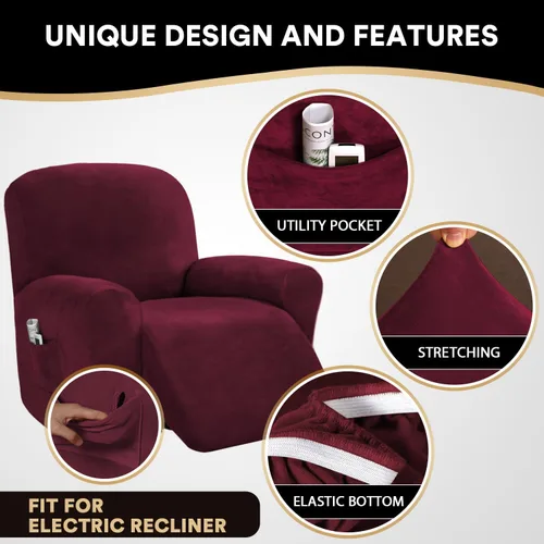 Miniatura 4 de PrinceDeco Funda para silla reclinable, fundas elásticas de terciopelo para sofá reclinable, estilo de 4 piezas, fundas para sillas reclinables