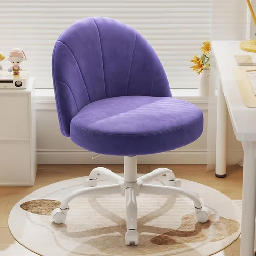 Miniatura 9 de Silla de tocador de terciopelo con ruedas, silla giratoria de maquillaje de altura ajustable, silla de escritorio pequeña sin brazos para Blanco