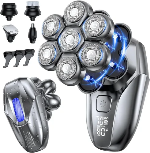 Miniatura 10 de Afeitadoras de cabeza para hombres calvos, kit de aseo eléctrico 5 en 1, 7D flotante IPX7, impermeable, recargable, para cabeza calva, vello