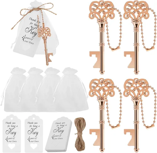 20 piezas de abrebotellas de esqueleto vintage con bolsas de organza, etiquetas de agradecimiento, cuerda de yute y cadenas, regalos perfectos para