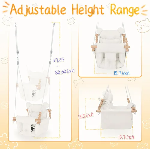 Miniatura 4 de Columpio para bebé para interiores y exteriores, asiento de columpio de lona y madera seguro para niños pequeños, arnés de seguridad ajustable de 3