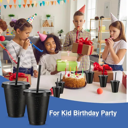 Miniatura 6 de Rtteri 15 vasos reutilizables con popotes y tapas, vasos de plástico con purpurina de 16 onzas, vasos de plástico para recuerdos de fiesta con Negro
