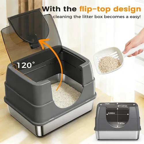 Miniatura 2 de Caja de arena de acero inoxidable con tapa, caja de arena grande cerrada para gatos y gatos múltiples, tapa abatible fácil de limpiar, bandeja