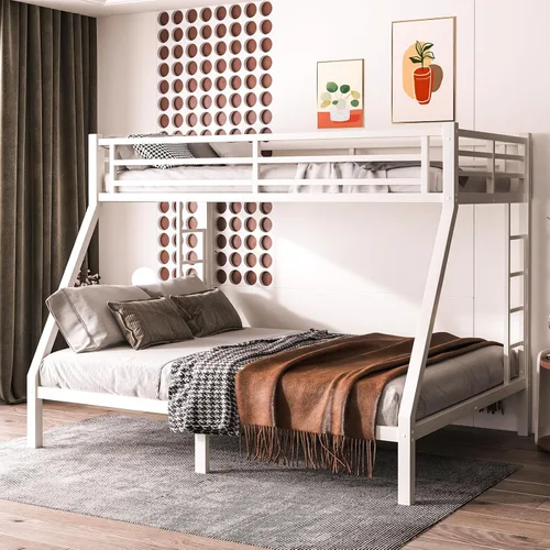 Miniatura 10 de Litera individual XL sobre Queen, cama alta de metal resistente para adultos/adolescentes, capacidad de 350/600 libras con escalera y barandilla