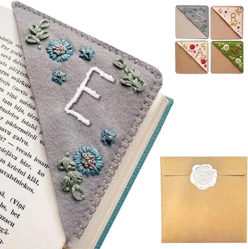 Miniatura 89 de Marcapáginas de esquina bordado a mano personalizado, 26 letras con costura a mano de fieltro, marcapáginas de esquina con bordado de flores lindo