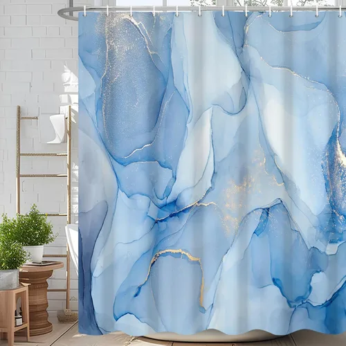 Miniatura 55 de Cortina de ducha abstracta de mármol negro gris y dorado con grietas, cortina de baño moderna ombre impresa, cortina impermeable y lavable de tela