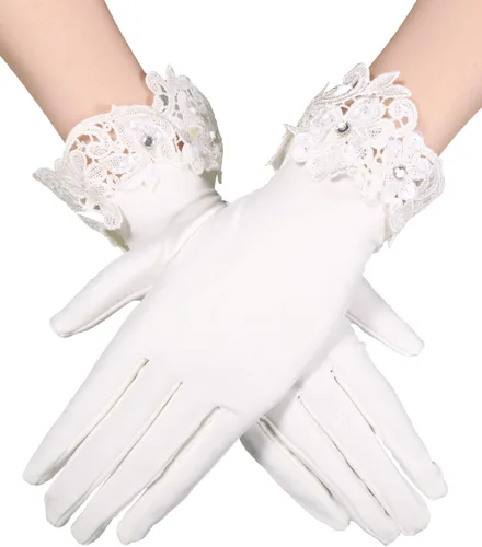 Sumind Guantes cortos de satén hasta la muñeca, guantes de vestir para mujer, ópera, boda, banquete, vestido para fiesta y baile (beige, talla M),