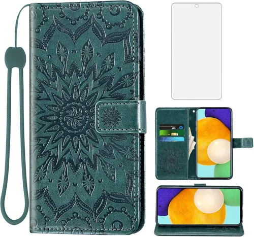 Funda de teléfono para Samsung Galaxy A52 5G/4G con protector de pantalla de vidrio templado y funda delgada de cuero, soporte para tarjetas,