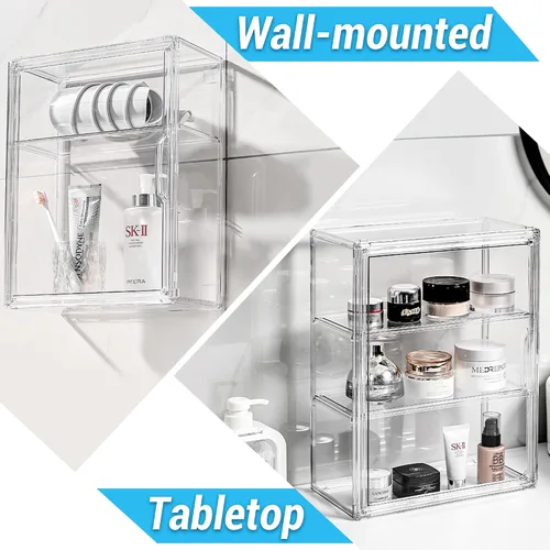 Miniatura 6 de Vitrina acrílica para figuras, organizador de almacenamiento transparente de 3 niveles montado en la pared, caja de exhibición con puerta magnética