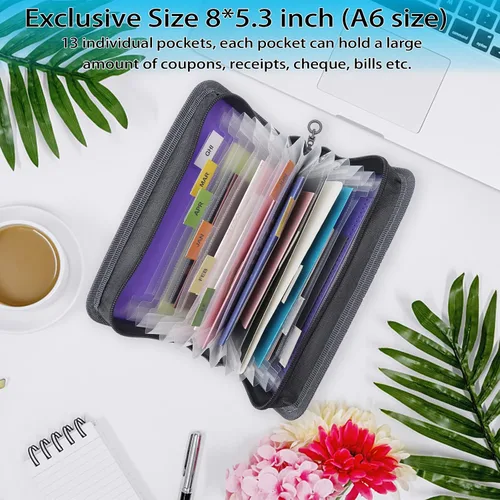 Miniatura 2 de NAFY Organizador pequeño de archivos de acordeón, tamaño A6, 13 bolsillos, organizador de recibos con cremallera, 8 x 5.3 pulgadas, carpetas