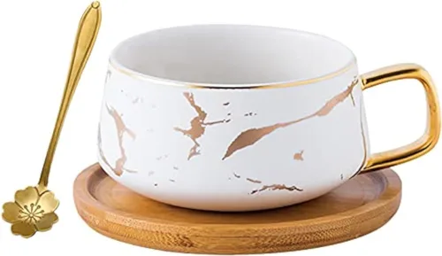 Jusalpha Juego de taza de té y platillo de bambú de 300 ml con impresión de mano dorada de lujo, patrón de mármol de moda para mujeres TCS19 (blanco)