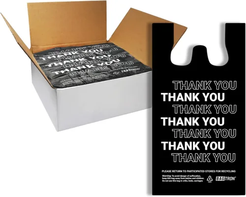 Miniatura 9 de Bolsas de transporte de camisetas de Bagtron con la frase "Thank You", bolsas de plástico desechables con asas para compras y restaurantes, 1/6