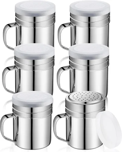 Lallisa 6 saleros y pimenteros de acero inoxidable de 10 onzas con tapa y mango, dragado, condimento, condimentos, palomitas de maíz, salero, polvo,