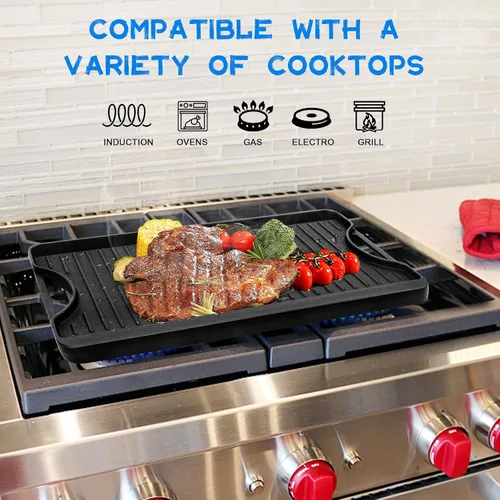Miniatura 5 de GGC Parrilla reversible de hierro fundido, sartén de doble cara perfecta para parrillas de gas y estufas, 13 x 8.25 pulgadas rectangular