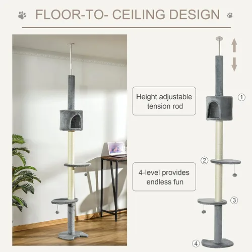 Miniatura 4 de PawHut Árbol para gatos de 85.5 pulgadas, altura ajustable, del suelo al techo, centro de actividades de escalada de 4 niveles, juguete para gatos