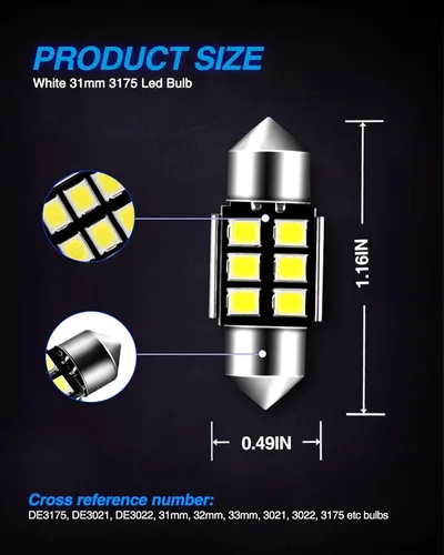 Miniatura 5 de Marsauto Bombilla LED DE3175 de 1.220 in, bombillas LED Festoon de 1.2 pulgadas, superbrillante, 300 lúmenes, 6500 K, 2835 SMD 3175 DE3021 3022 3021
