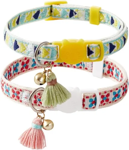 Miniatura 10 de Paquete de 2 collares de gato con bonito patrón colorido para gato, niño y niña, longitud ajustable con borla de campana, patrón tribal bohemio