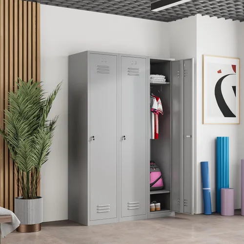 Miniatura 2 de Taquillas de metal para empleados con llaves, armario de almacenamiento de acero de 71 pulgadas de alto con puerta con cerradura, armario de Gris