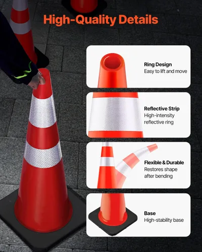 Miniatura 8 de VEVOR Conos de seguridad, paquete de 6 conos de tráfico de 36 pulgadas, conos de construcción naranja de PVC con collares reflectantes y base negra