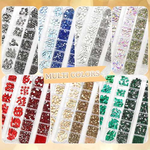 Miniatura 7 de 3520 diamantes de imitación de uñas color dorado champán para uñas, multiformas con parte trasera plana, diamantes de imitación redondos