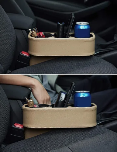 Miniatura 8 de IOKONE Consola de bolsillo lateral para monedas, cubierta de cuero con bolsillo lateral, portavasos para automóvil, organizador de asiento delantero