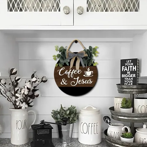 Miniatura 5 de Cartel de café y Jesús de madera rústica para cafetería, decoración de pared, decoración de pared, letrero colgante de madera para el hogar, Madera-1