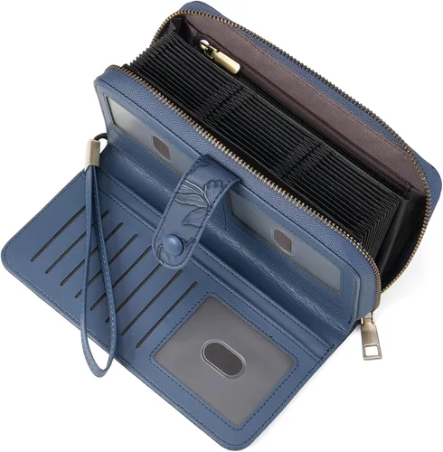 Miniatura 11 de SENDEFN Cartera de piel con cierre RFID para mujer, con cierre de cremallera, de gran capacidad, con correa para la muñeca, Marrón, Classic