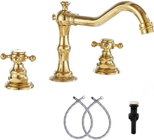 Miniatura 14 de Grifo de 2 manijas para lavabo de baño de tres agujeros, grifo de lavabo extendido, latón antiguo, grifo mezclador con manguera de suministro