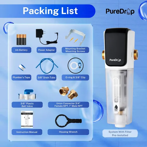 Miniatura 8 de PureDrop PDR-ARB50WSP Filtro de agua de sedimentos giratorio, módulo de auto-lavado con pantalla táctil, filtro de sedimentos reutilizable para toda