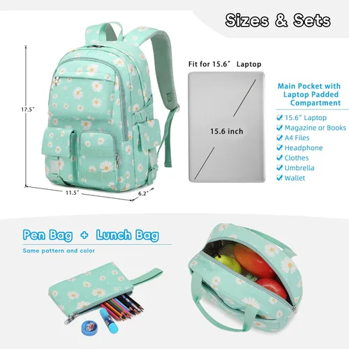 Miniatura 5 de Daisy - Mochila escolar para niñas, con lonchera, juego de bolsa de libros, mochilas para adolescentes y niñas