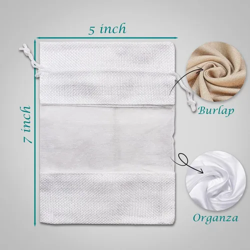 Miniatura 3 de Paquete de 12 bolsas de regalo medianas de lino, arpillera y organza con cordones (5 x 7 pulgadas, blanco) - Bolsa de malla para recuerdos