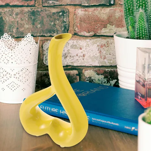 Miniatura 3 de VOSAREA Recipiente de cerámica en forma de corazón amarillo mostaza florero para sala de estar