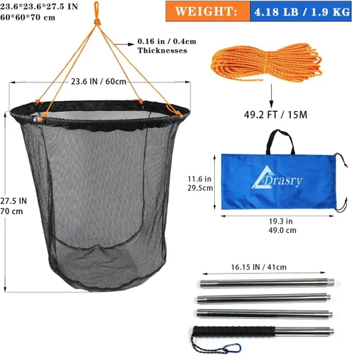 Miniatura 2 de Drasry Red de pesca grande plegable para puente y muelle, red de aterrizaje con caña, anillo de goteo de aluminio de alta carga para pesca en muelle