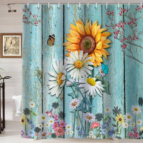 Miniatura 9 de Namdeva Cortina de ducha rústica de granja, diseño de mariposa azul, flores de algodón blanco, citas inspiradoras, estilo shabby chic, decoración