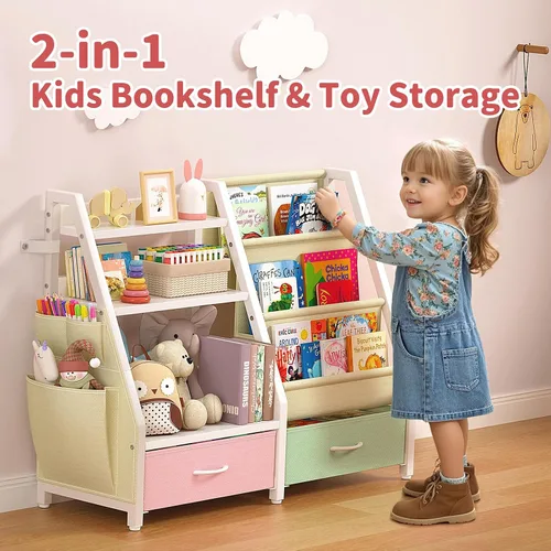 Miniatura 4 de Estantería para niños y organizador de juguetes Twinkoo, estante resistente de 3 niveles, estantería con bandeja y 2 contenedores de juguetes