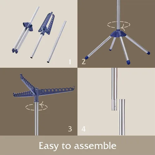 Miniatura 6 de Beaudaily Tendedero de secado de ropa, plegable, estante de secado de ropa interior de 59 pulgadas con 3 brazos giratorios, acero inoxidable, Azul +
