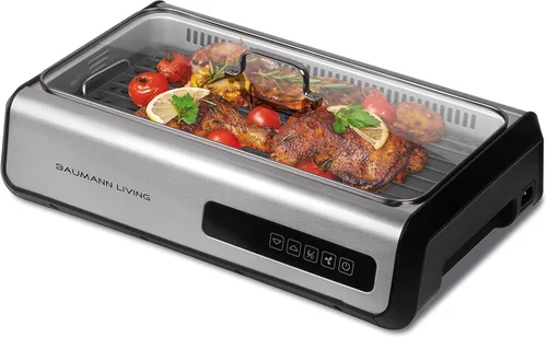 Parrilla interior sin humo de 1500 W con pantalla táctil LED inteligente, tapa de vidrio templado, 2 parrillas antiadherentes de cerámica extraíbles