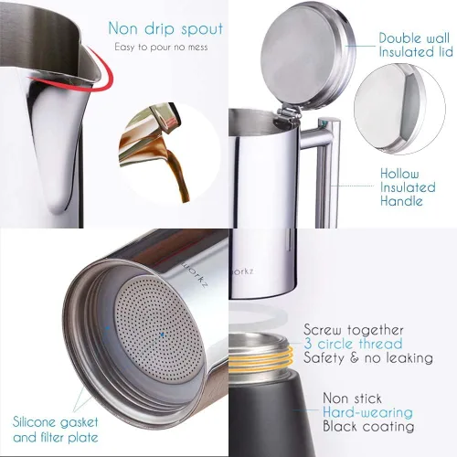 Miniatura 4 de Easyworkz Diego - Cafetera de café expreso de acero inoxidable de 6 tazas de 10 onzas, con cuchara de café retro de acero inoxidable con mango