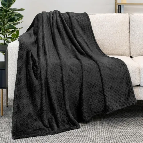 PAVILIA - Manta de forro polar negra para sofá o cama, suaves mantas de forro polar para sofá o silla, manta con textura de waffle esponjosa, manta