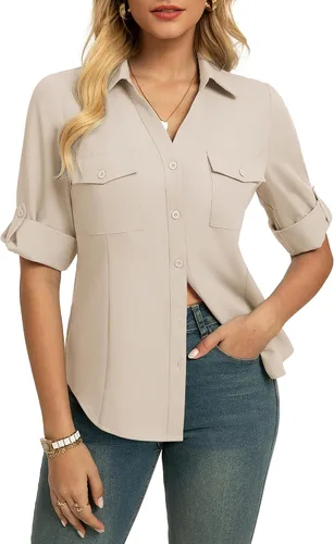 Miniatura 7 de GRACE KARIN Camisas con botones para mujer, cuello en V clásico, manga 3/4, blusas básicas elegantes sin arrugas