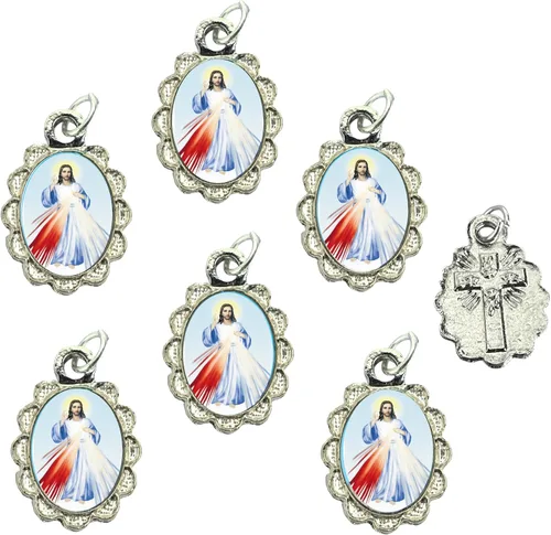 Catholica Shop Colgante de medalla pequeña en tono plateado para ropa religiosa católica - Jesús, María y Santos, paquete de 6