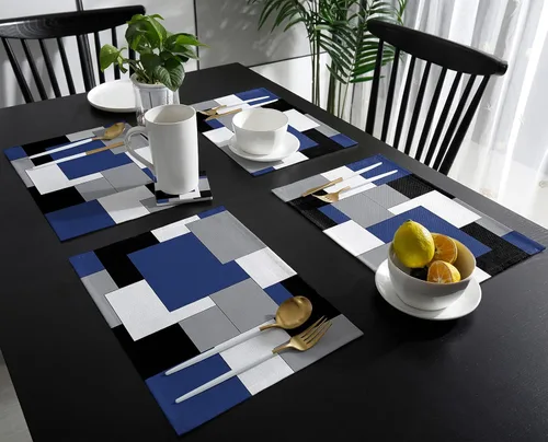 Miniatura 3 de Juego de 4 manteles individuales geométricos abstractos para comedor, mesa de comedor, color azul de mediados de siglo, nórdico, lavables