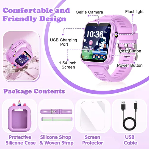 Miniatura 8 de Reloj Inteligente para Niñas Regalo de 3-12 Años con 39 Juegos Despertador Cámara Video Reproductor de Música Podómetro Linterna 12/24 hr Pantalla