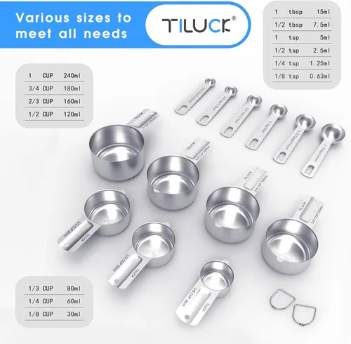Miniatura 2 de TILUCK Juego de tazas y cucharas medidoras de acero inoxidable, cuchara de café, utensilios de cocina para cocinar y hornear, juego