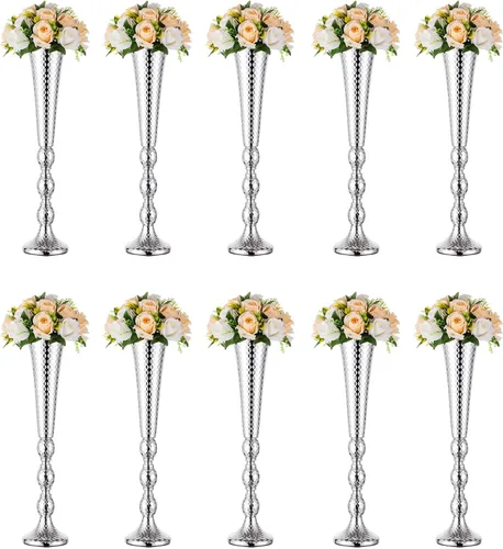 Miniatura 10 de Nuptio 2 centros de mesa para mesa de boda, jarrón de trompeta de metal de 24 pulgadas de alto, jarrones de flores para fiesta, cena, centro