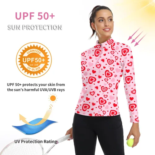 Miniatura 66 de WOWENY Camiseta deportiva de manga larga para mujer, con cremallera de un cuarto, cuello para entrenamiento, camiseta de tenis con estampado