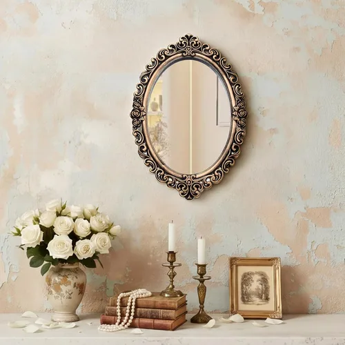 Beeveer Juego de espejos vintage de 1 estilo, espejo de pared ovalado decorativo, bandeja de espejo antigua, espejo colgante decorativo para baño,