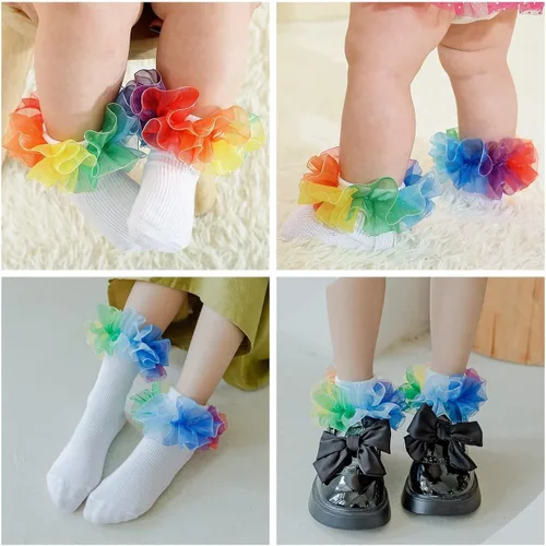 Miniatura 2 de Hopply Toddler Girls Double Lace Socks Turn Cuff Shimmering Big Ruffle Rainbow Style Dress Lace Socks for Infant Kids